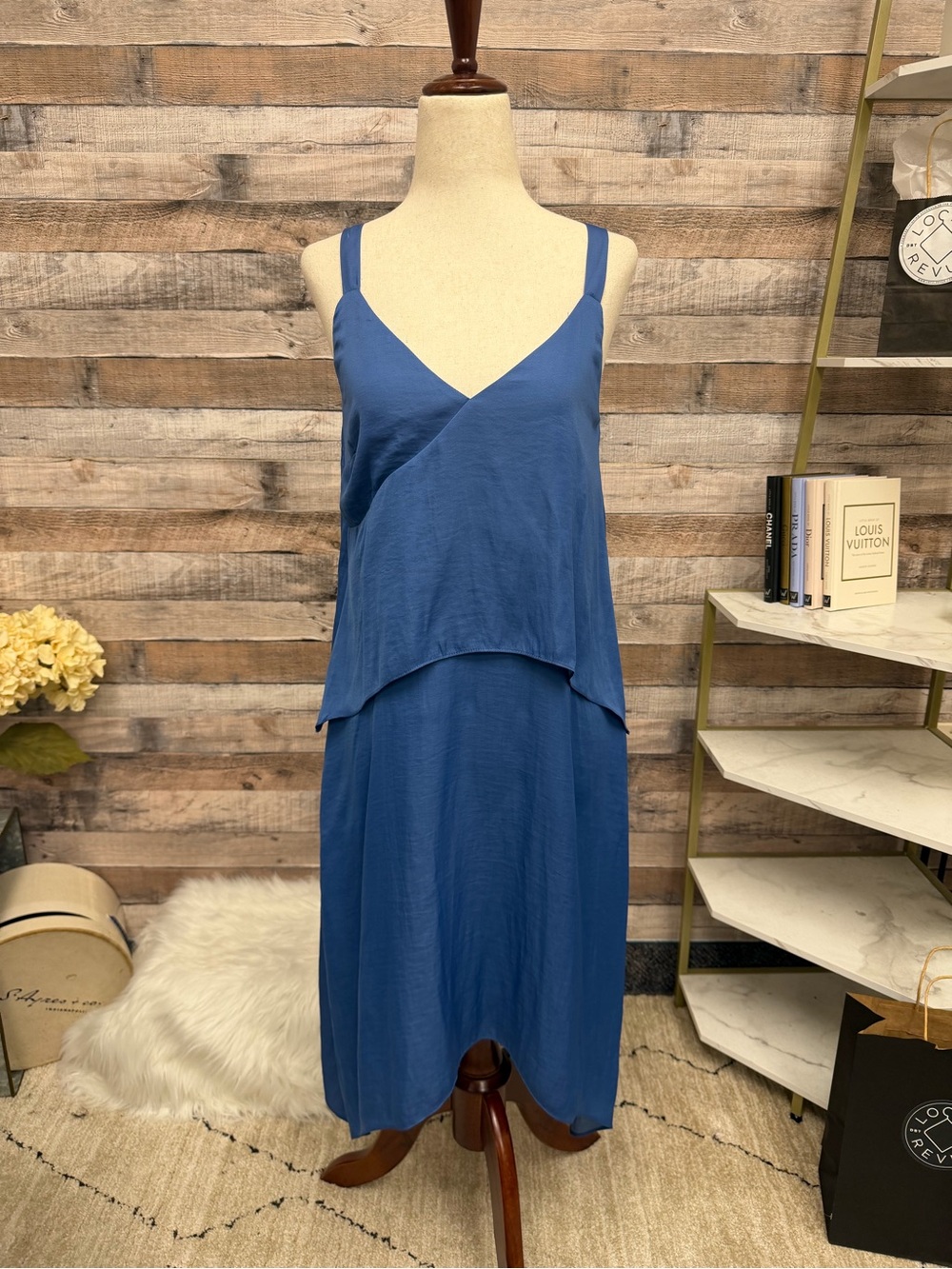 Halston blue summer dress v neck asymmetrical hem XS